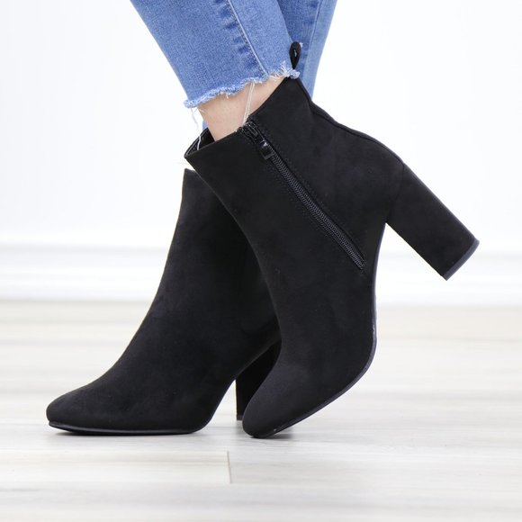 Black Suede Chelsea Block High Heel Above Ankle Boots - Picture 8 of 12